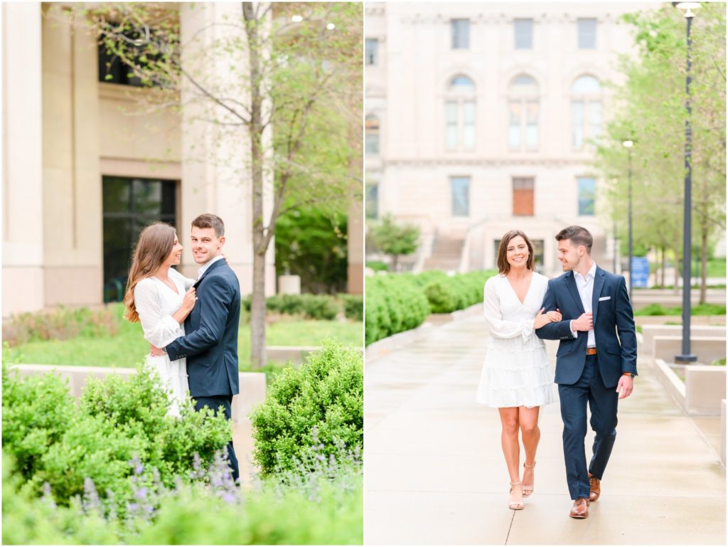 Couple walking and laughing downtown Indianapolis canal engagement session