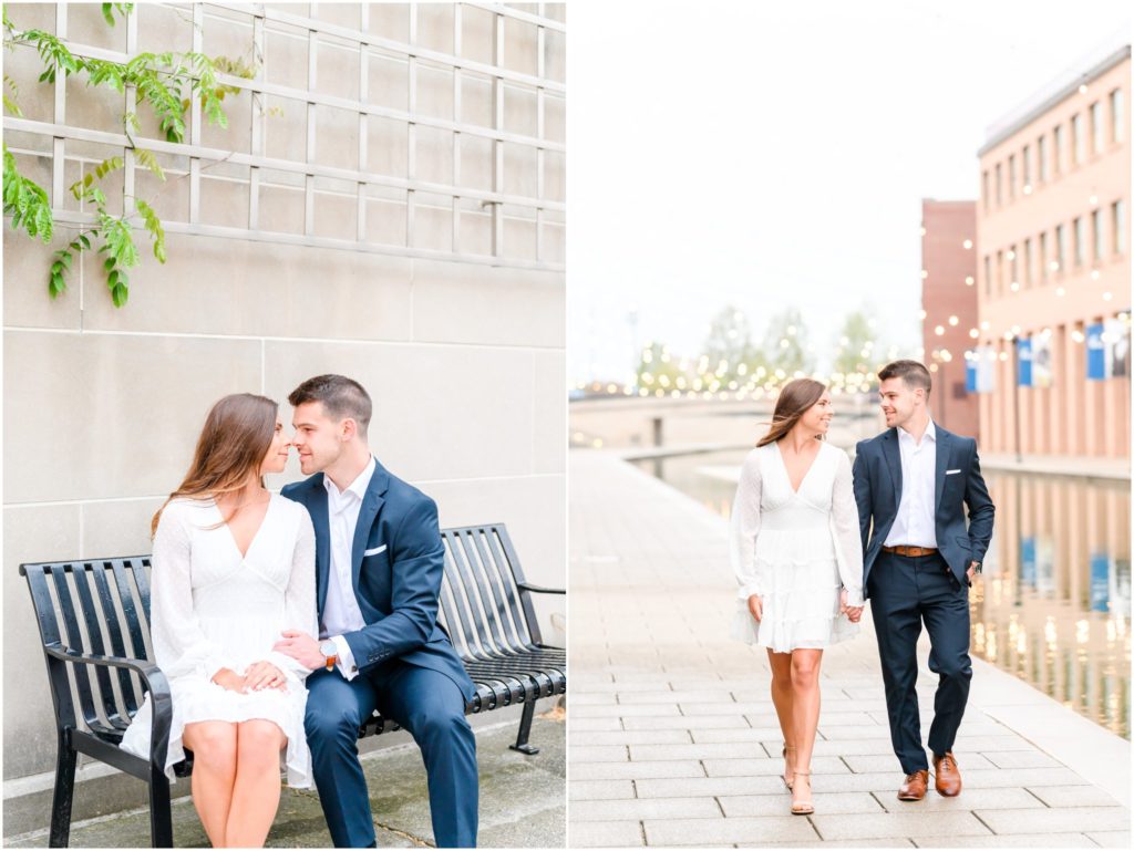 Couple walking and laughing along the downtown Indianapolis canal engagement session