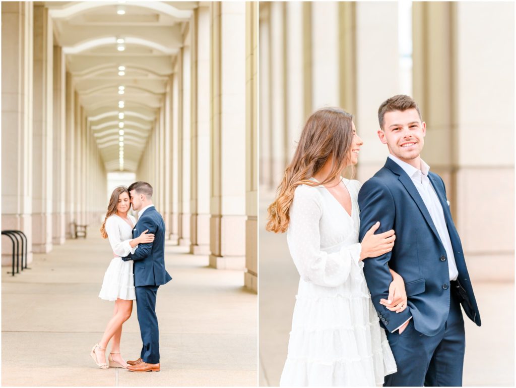 Couple nuzzling downtown Indianapolis canal engagement session
