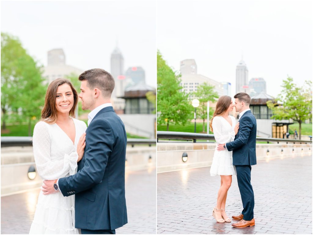 Couple nose to nose downtown Indianapolis canal engagement session
