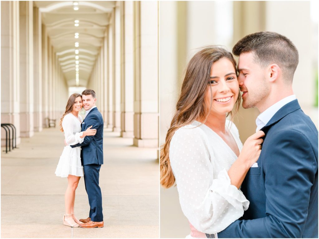Couple nuzzling downtown Indianapolis canal engagement session