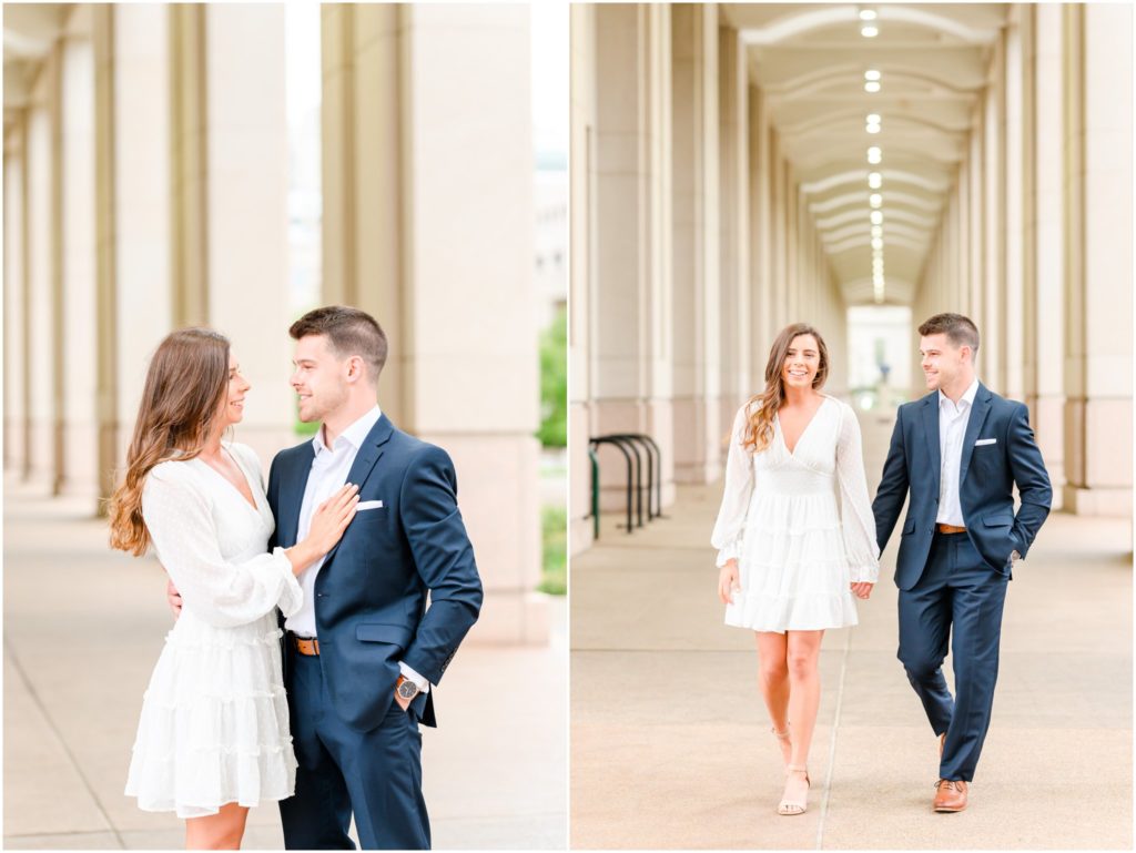 Couple smiling at each other downtown Indianapolis canal engagement session