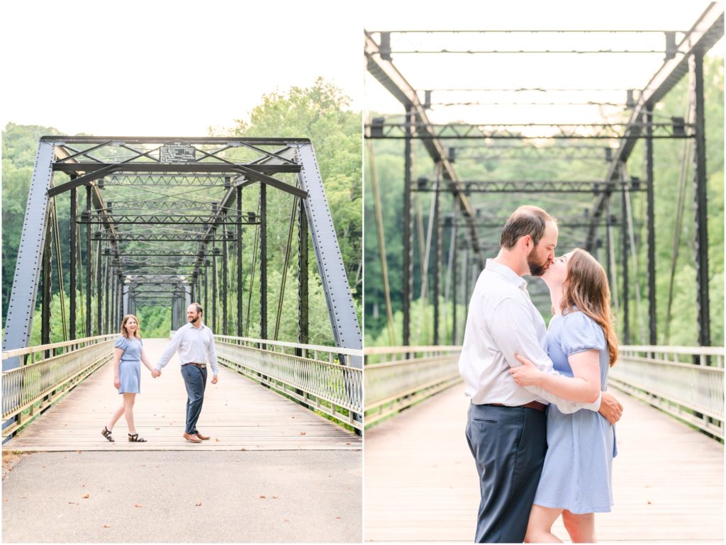 Couple kissing on bridge Charlestown State Park engagement session