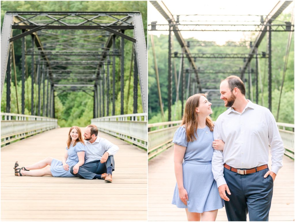 Couple walking and smiling at each other Charlestown State Park engagement session