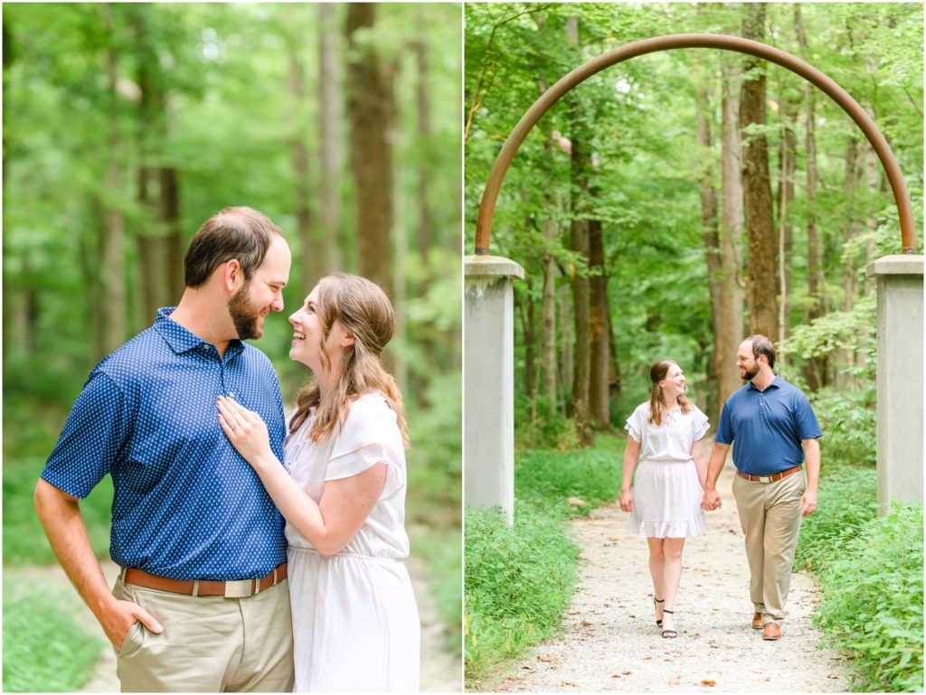 Couple walking and laughing together Charlestown State Park engagement session