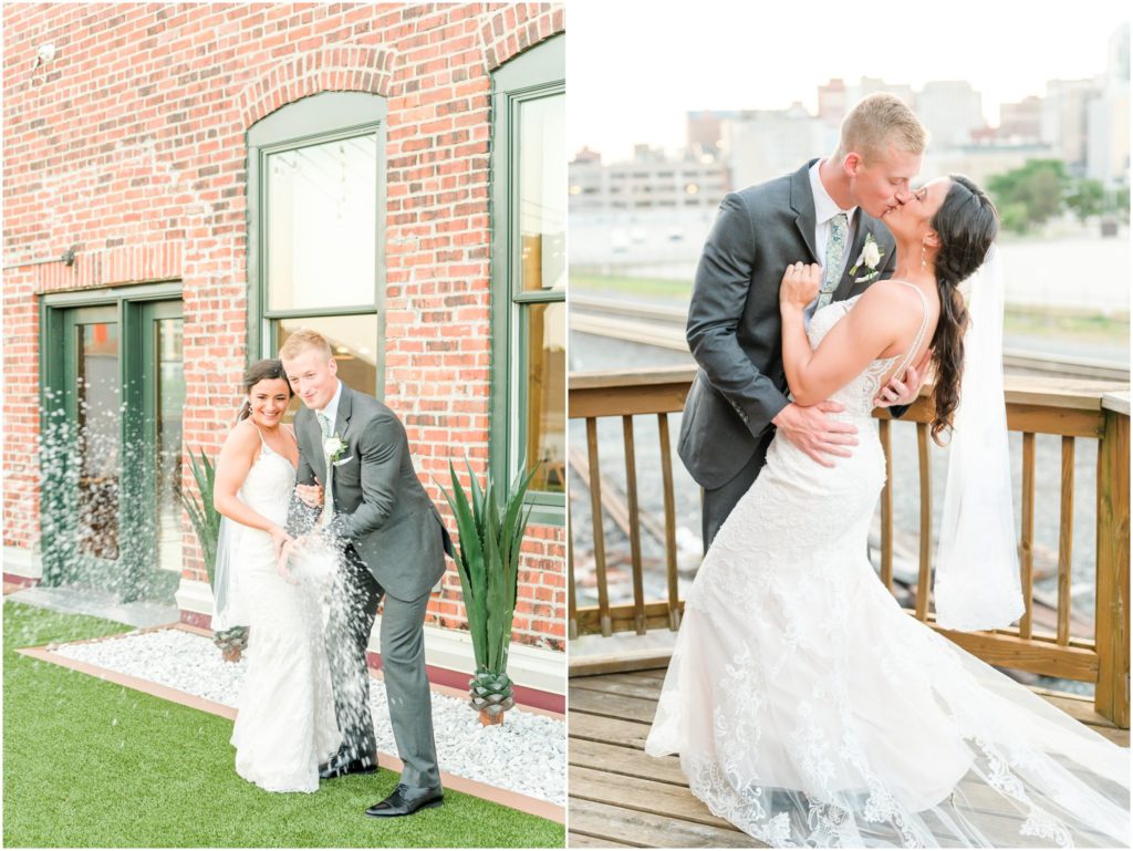 Dip kiss in front of skyline Mavris Arts & Event Center Wedding