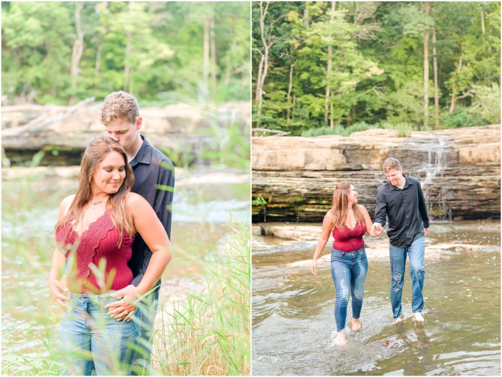 Couple running through water Cataract Falls engagement session