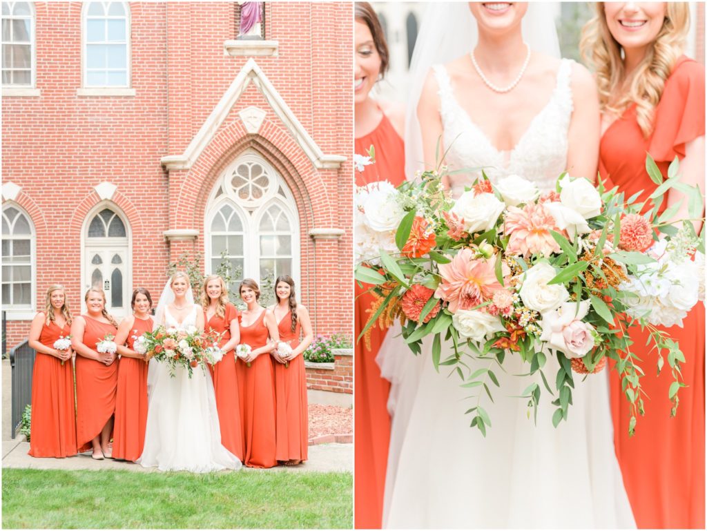 Bride and bridesmaids in burnt orange dresses Tinker House Wedding