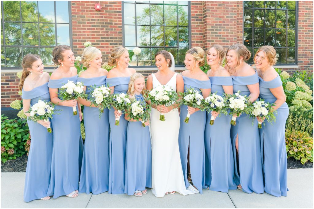 Bridesmaids in dusty blue dresses Garment Factory wedding