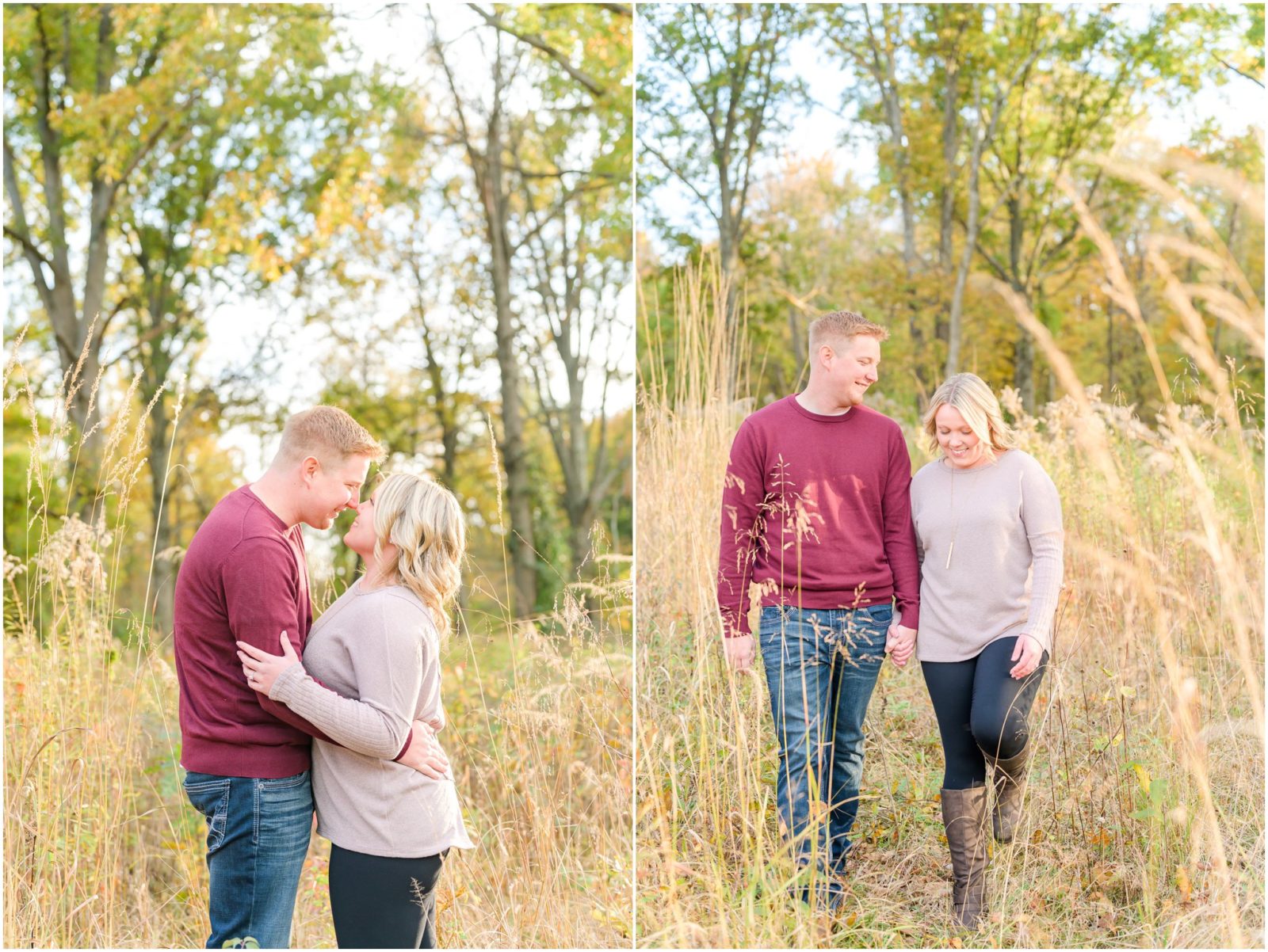 Couple walking together and laughing Eagle Creek Park engagement session