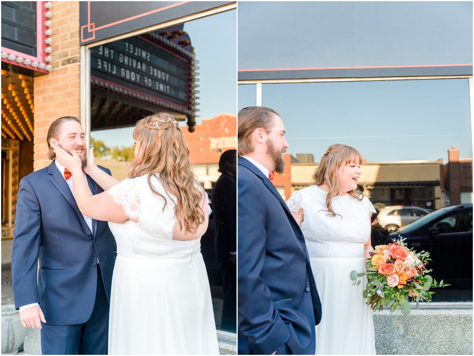 First Look Fountain Square Theatre wedding