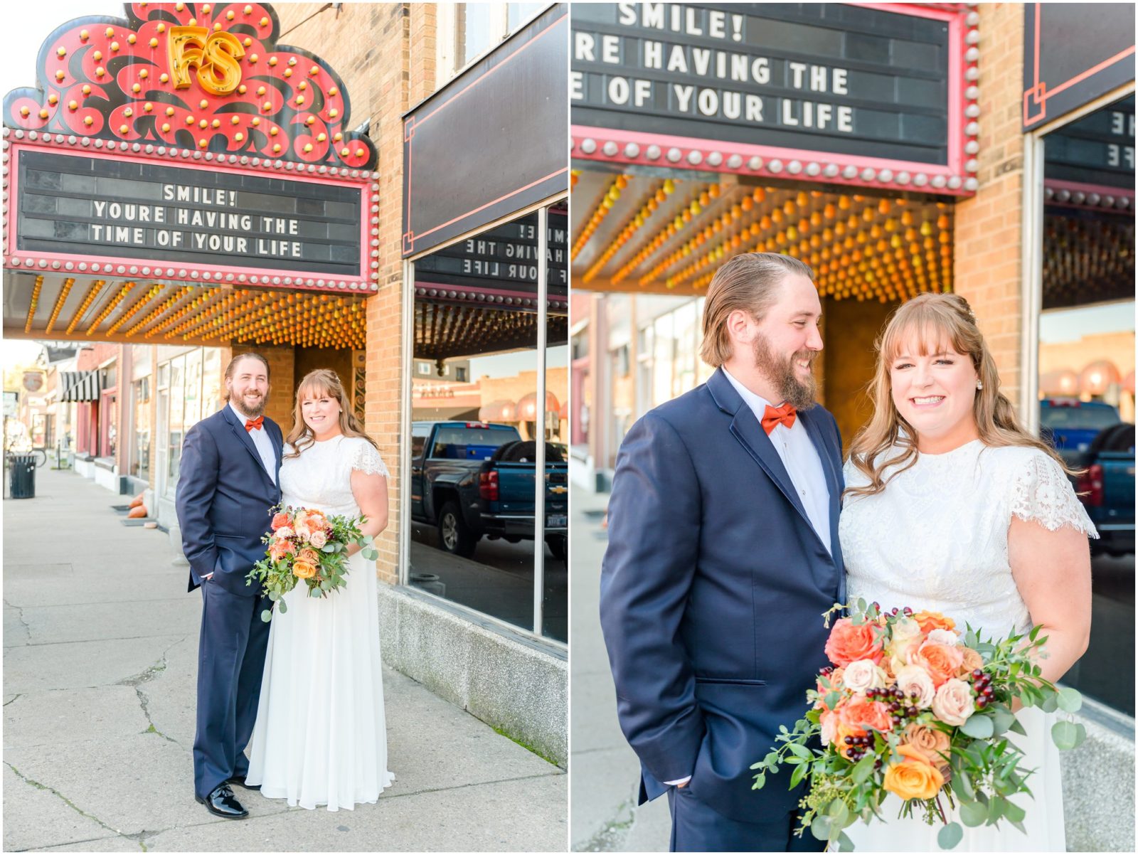 Bride and groom smiling at camera Fountain Square Theatre wedding