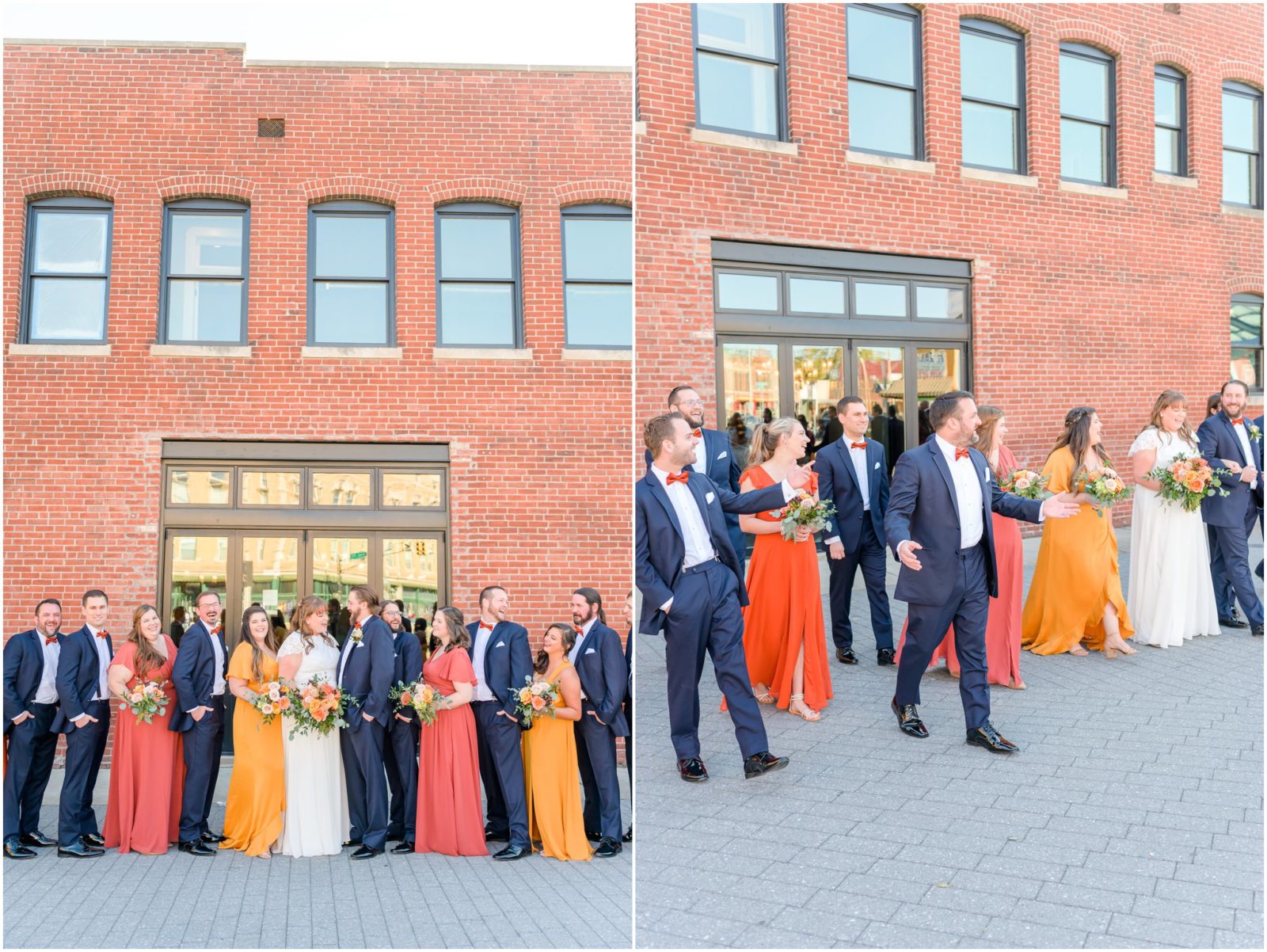 Bridal party laughing together Fountain Square Theatre wedding