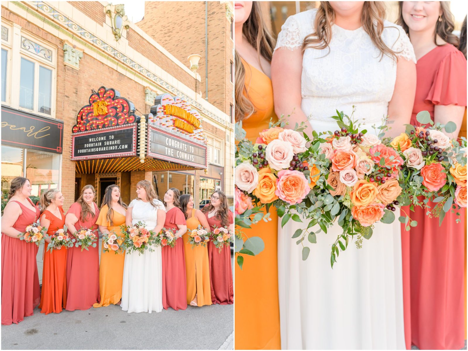 Terra cotta, mustard yellow, orange bridesmaids dresses Fountain Square Theatre wedding