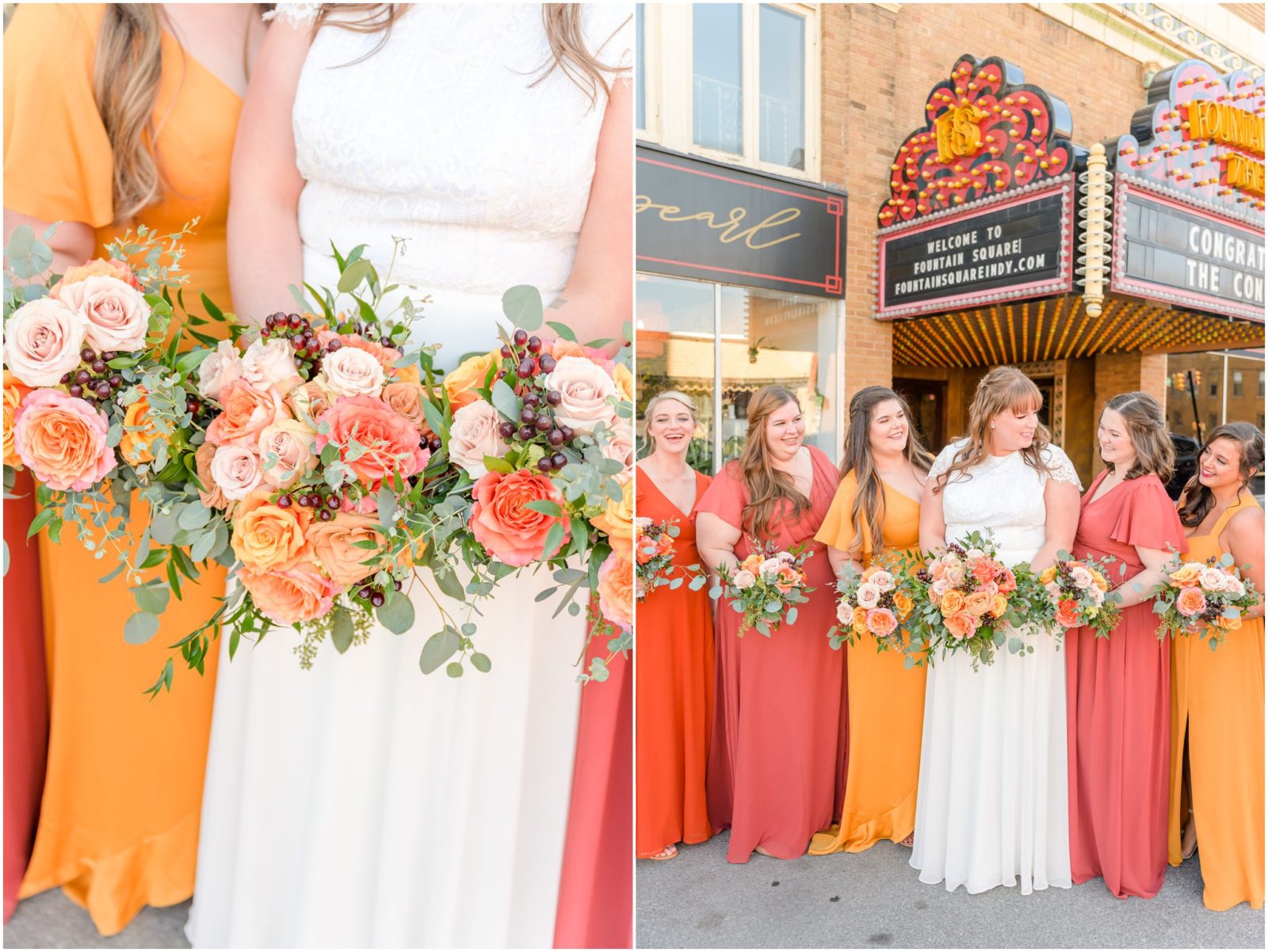 Terra cotta, mustard yellow, orange bridesmaids dresses Fountain Square Theatre wedding