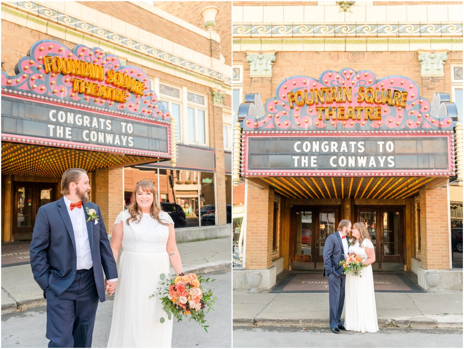 Bride and groom nose to nose Fountain Square Theatre wedding