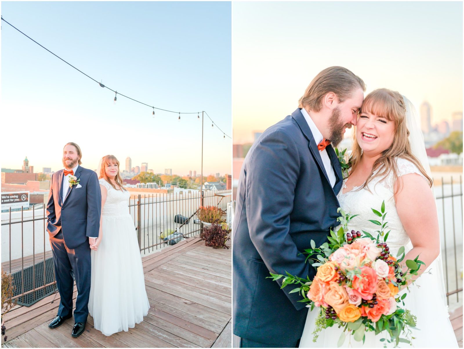 Bride and groom nuzzling rooftop sunset photos Fountain Square Theatre wedding 