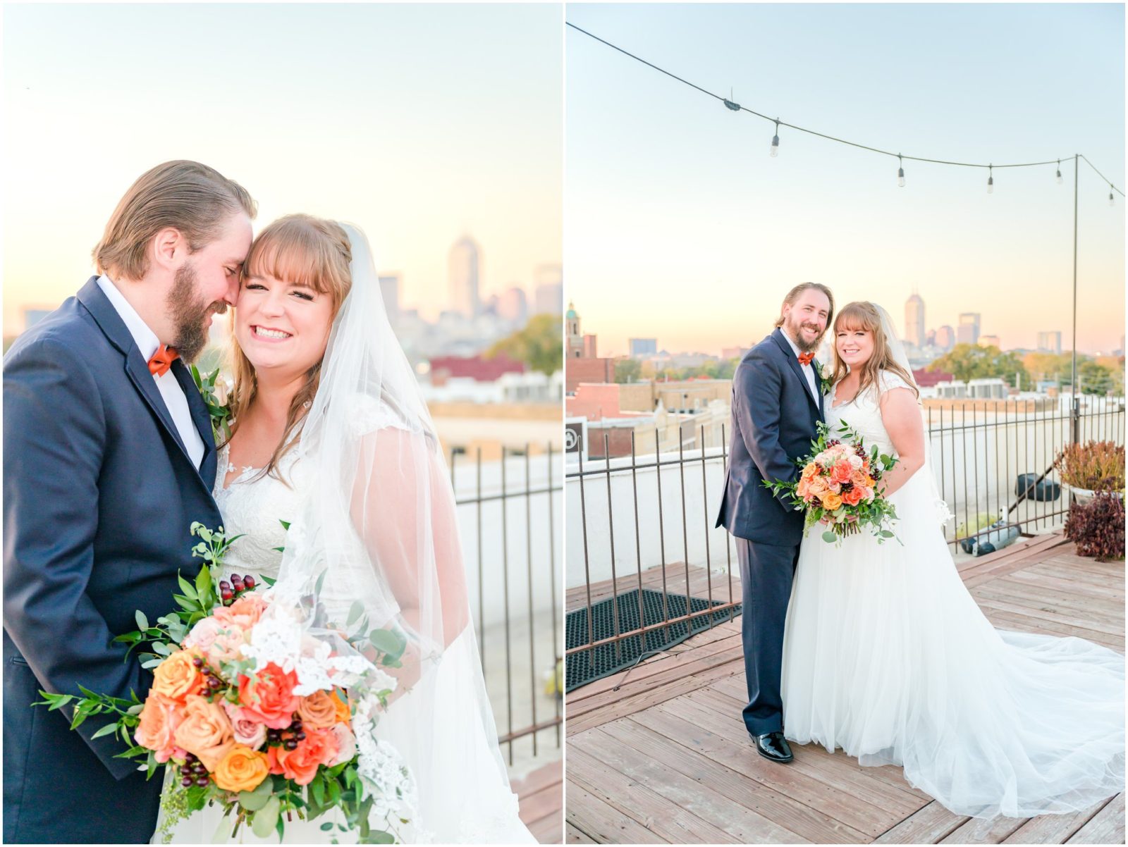 Rooftop sunset photos Fountain Square Theatre wedding 