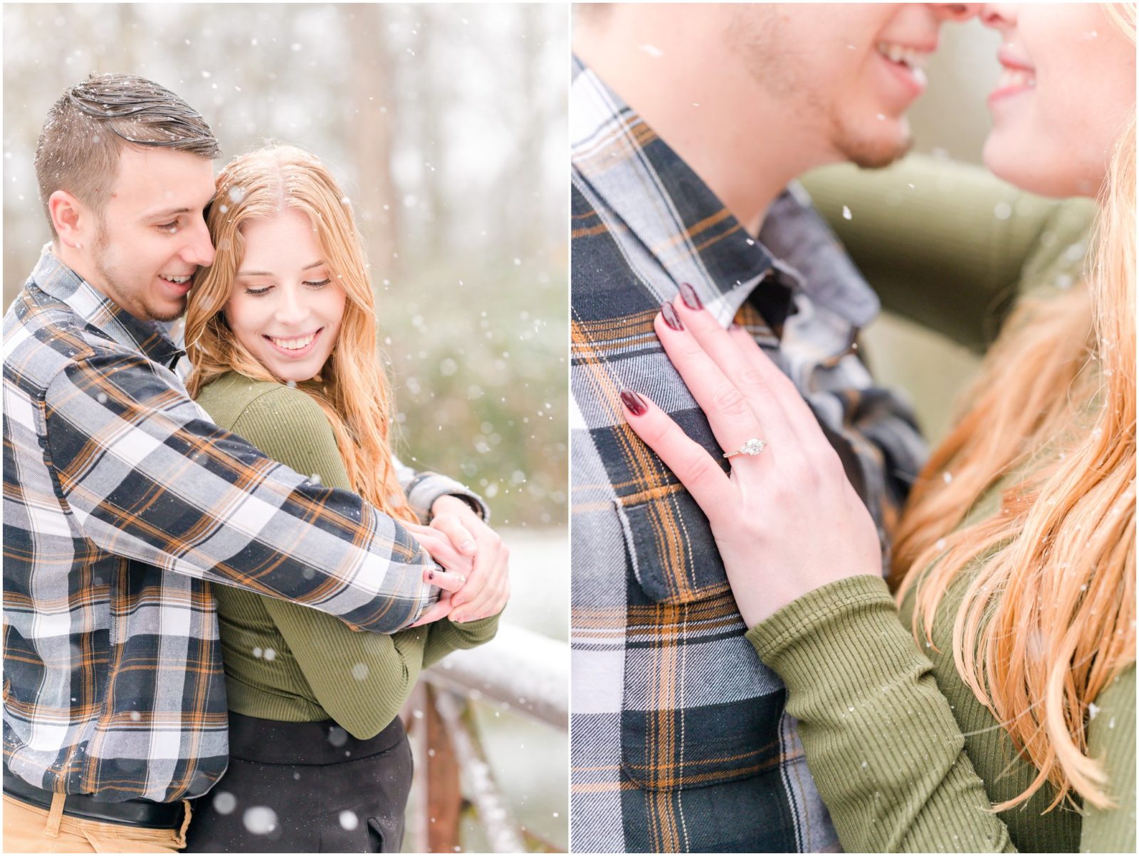 Couple cuddling Holcomb Gardens engagement session in the snow
