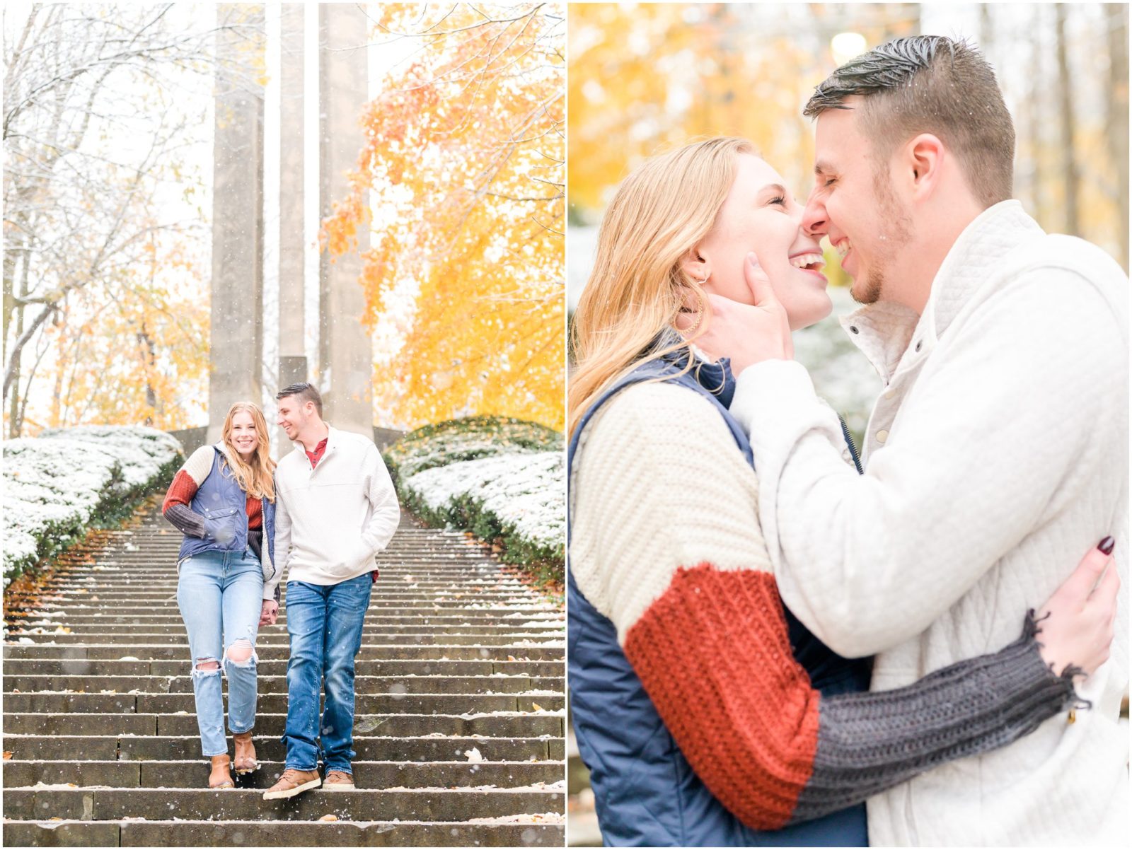 Laugh kiss Holcomb Gardens engagement session in the snow