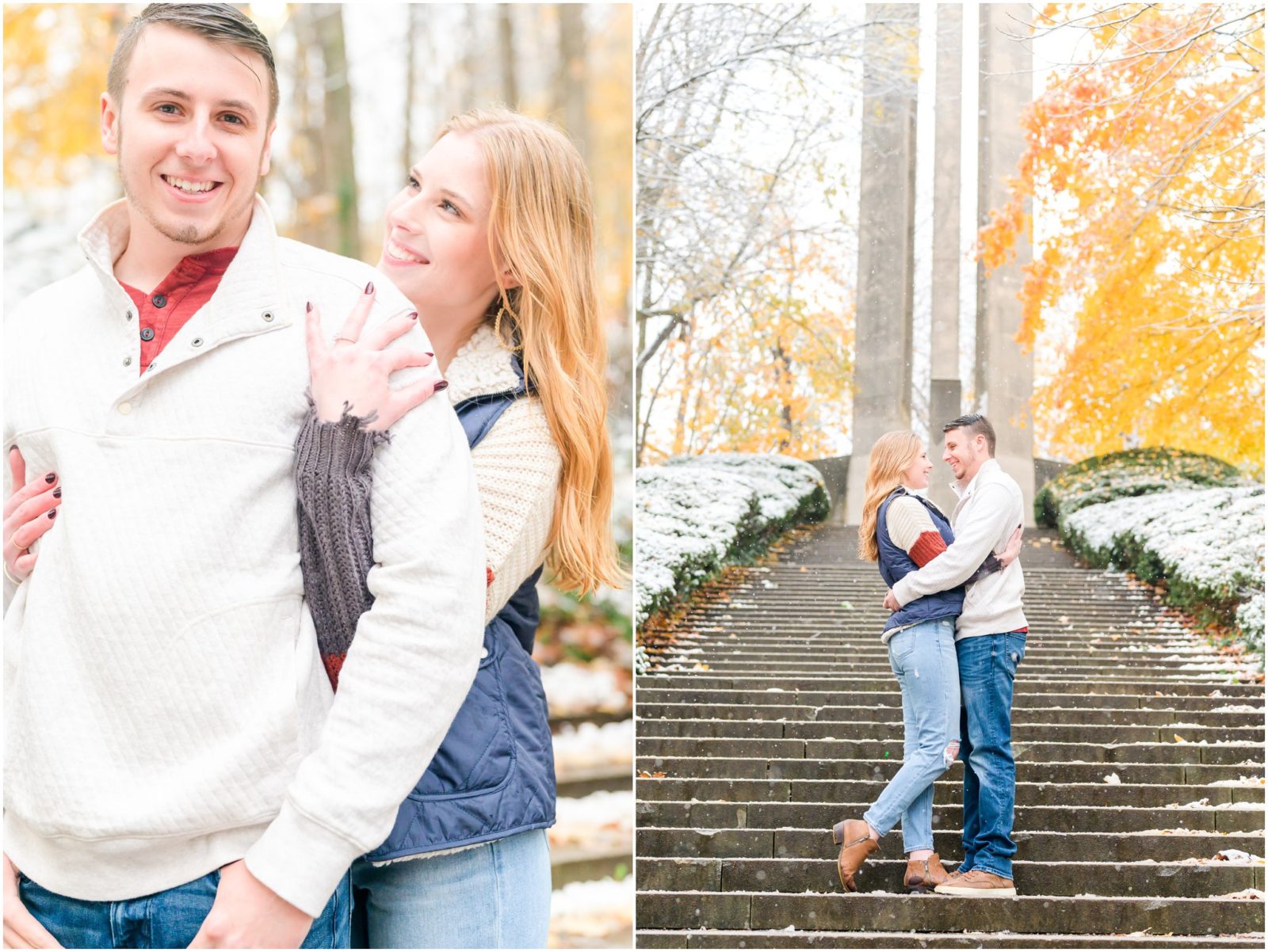 Couple cuddling Holcomb Gardens engagement session in the snow