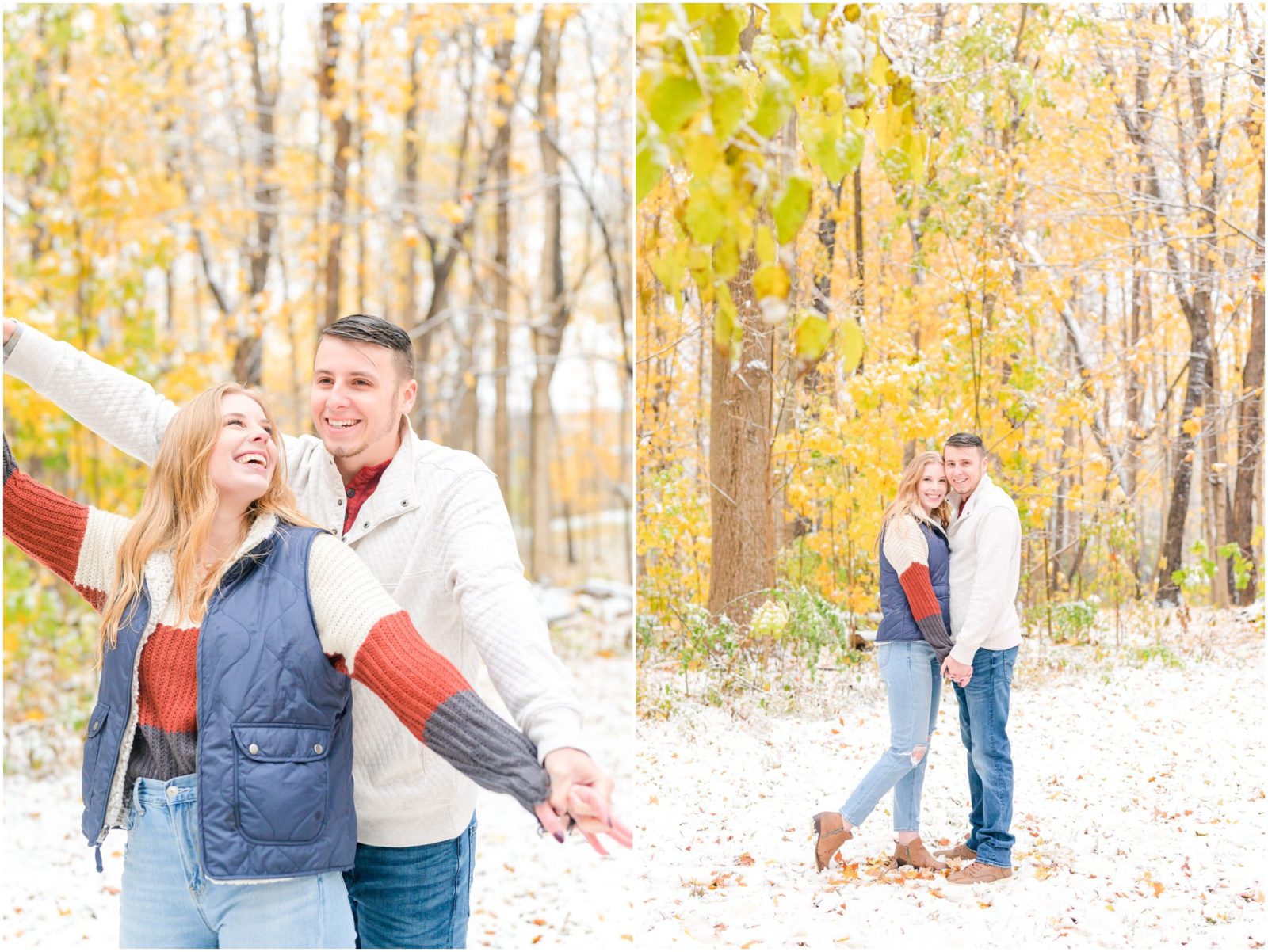 Couple playing airplane Holcomb Gardens engagement session in the snow