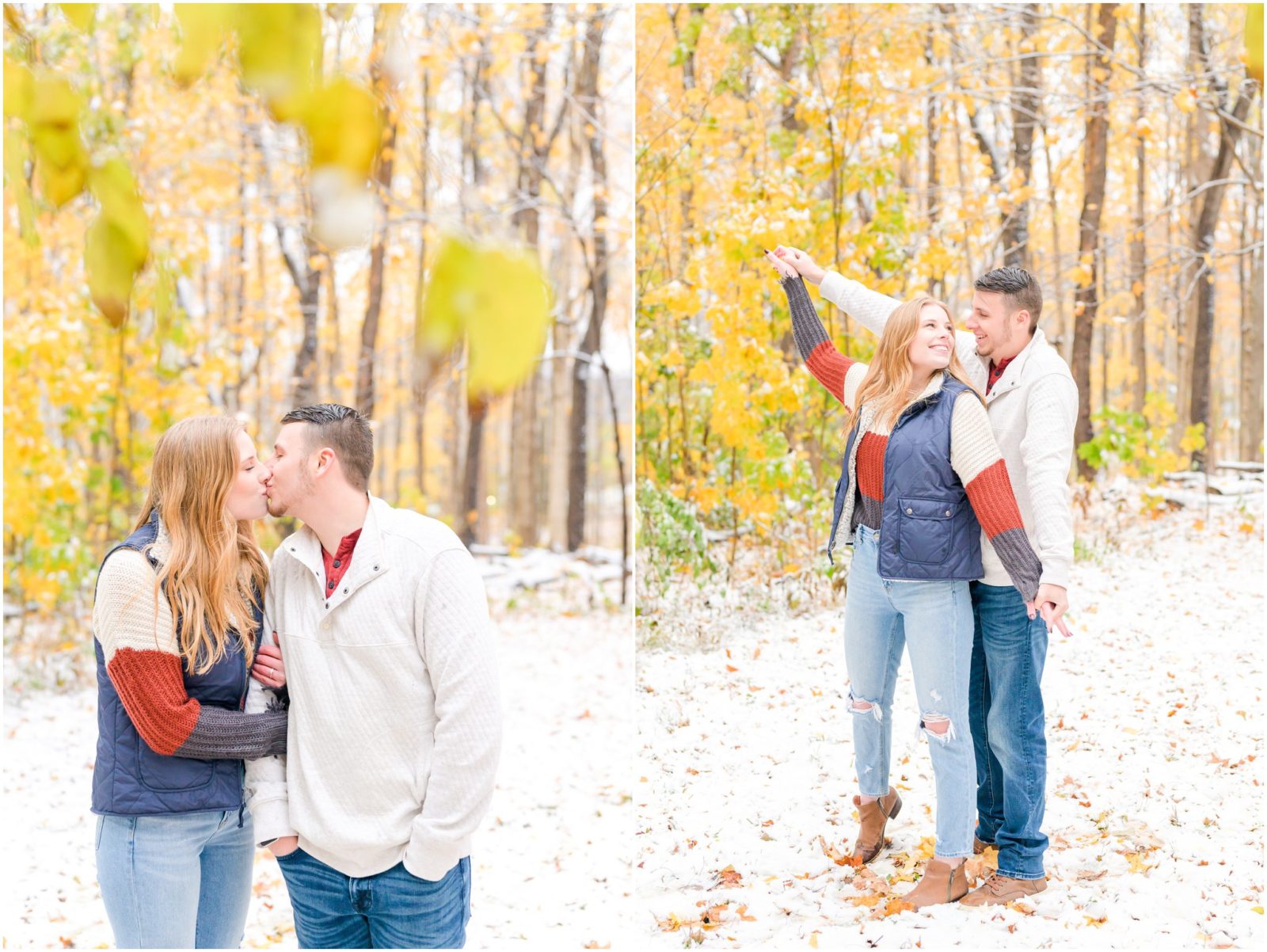 Couple kissing Holcomb Gardens engagement session in the snow