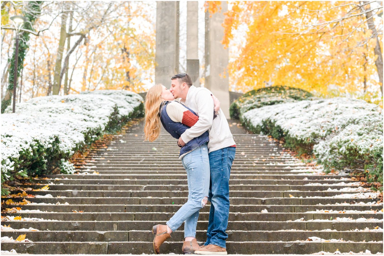 Dip kiss Holcomb Gardens engagement session in the snow