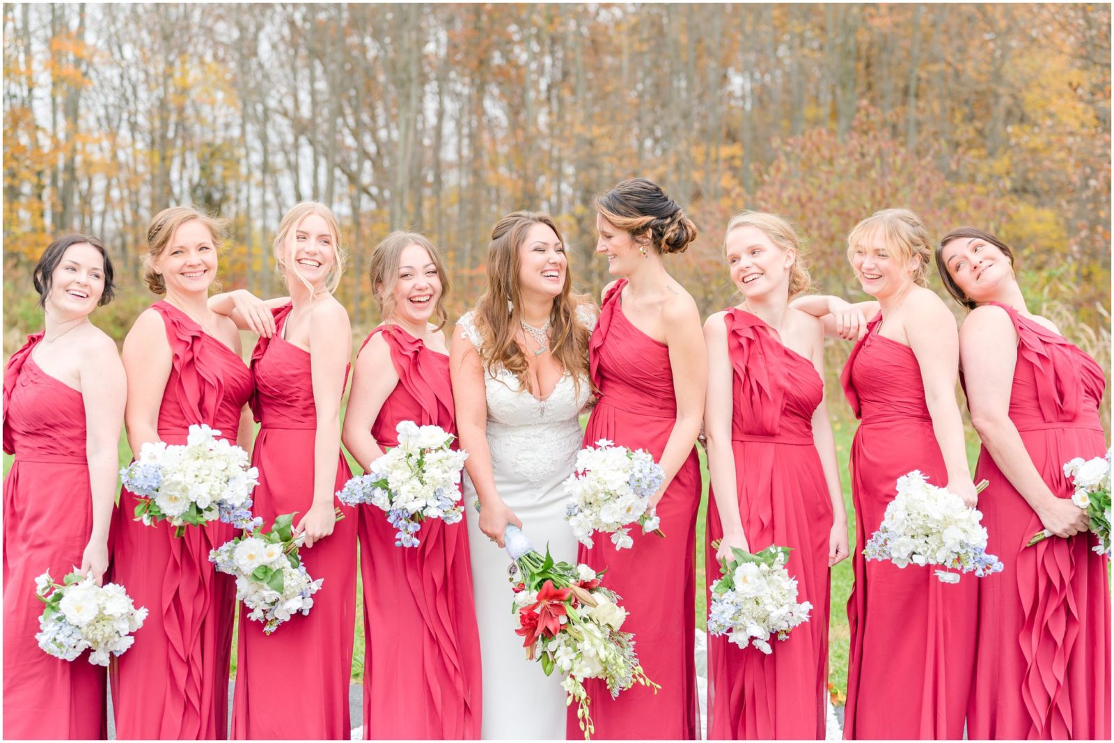 Bride and bridesmaids laughing together Mt Gilead Church wedding