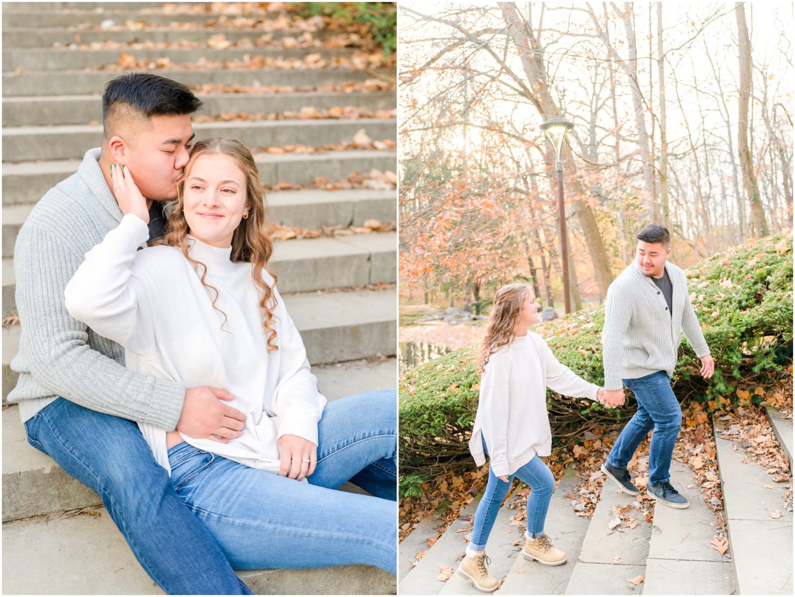 Couple holding hands walking us stairs Holcomb Gardens engagement session