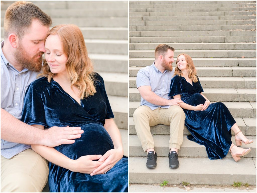 Husband and wife holding baby bump and nuzzling Holcomb Gardens maternity session