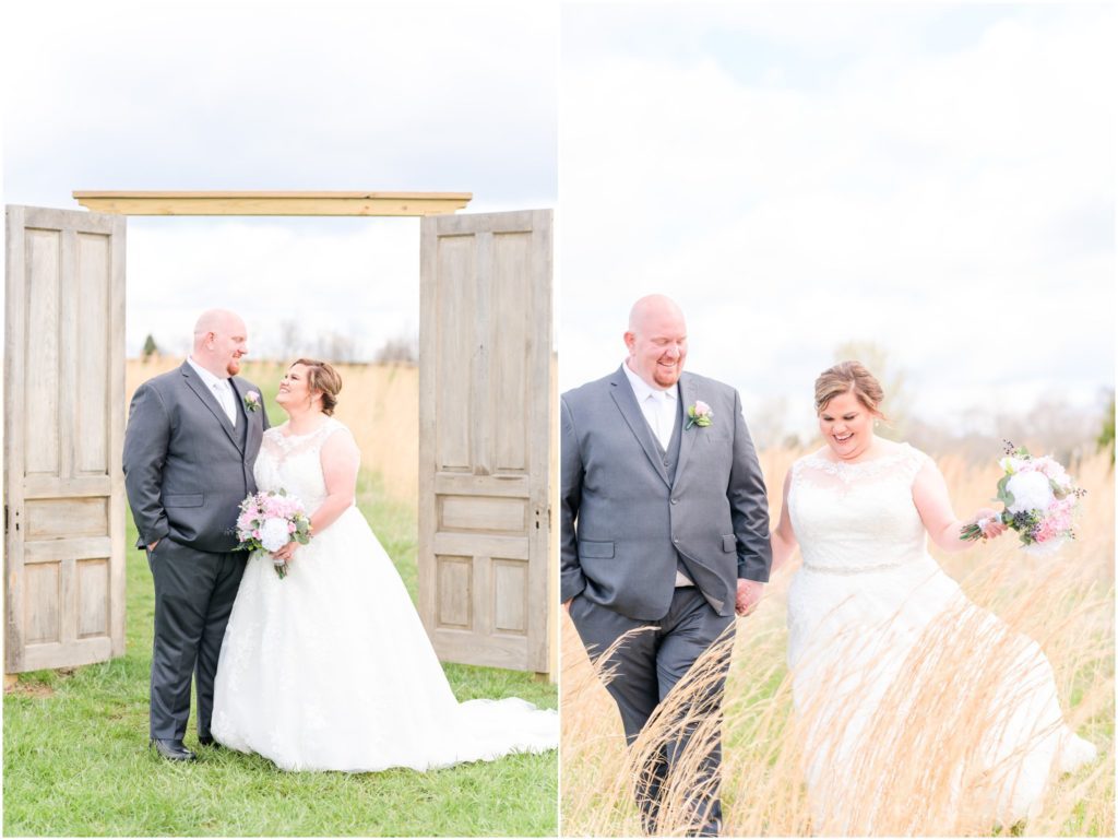 Bride and groom smiling at each other Matilda's Event Barn Wedding