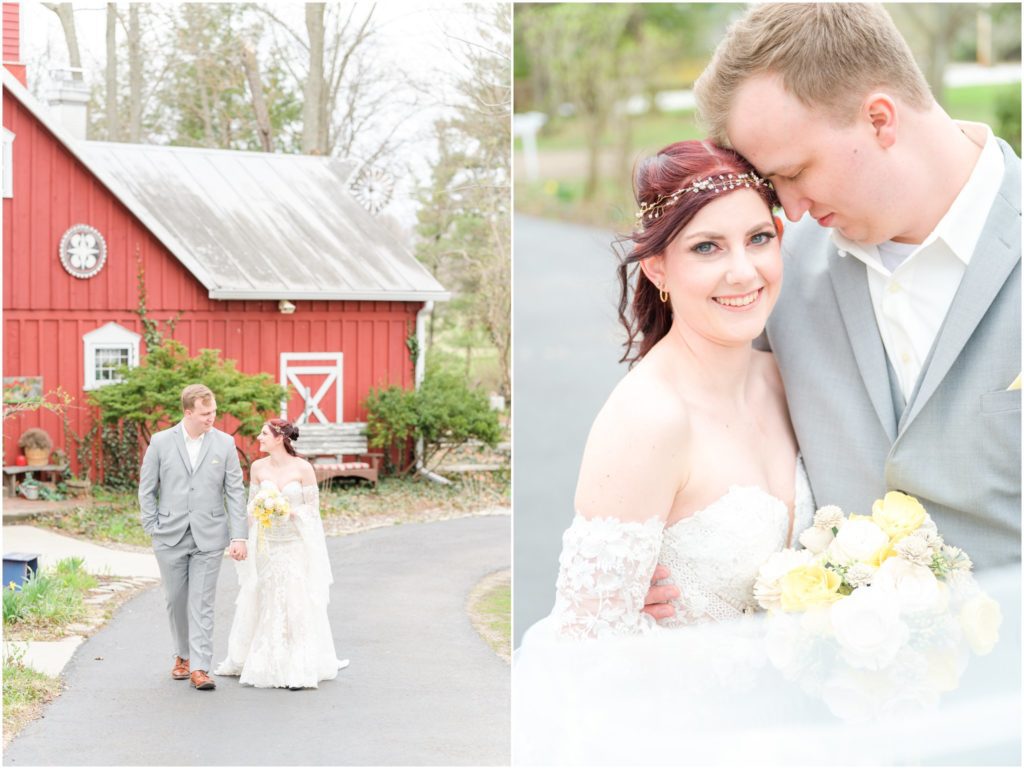 Bride and groom nuzzling Red Barn Acres Wedding