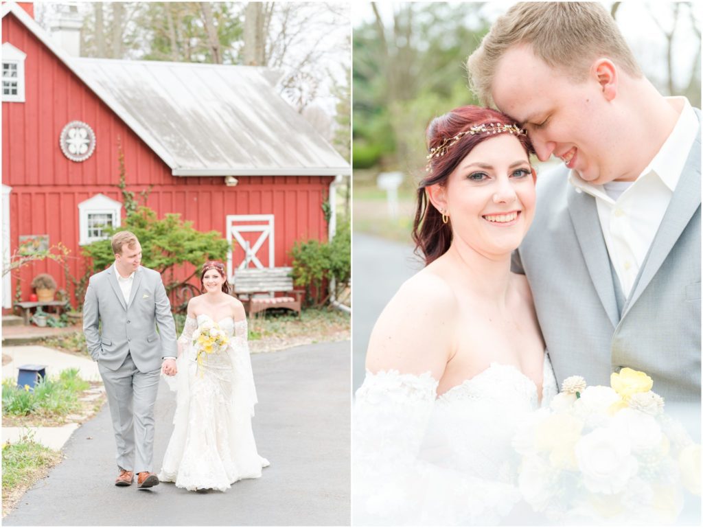 Bride and groom nuzzling Red Barn Acres Wedding