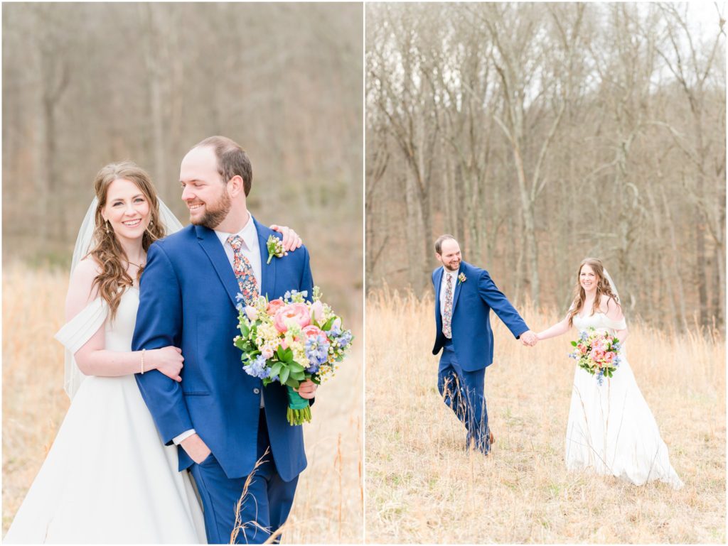 Bride and groom holding hands and walking The Wilds Venue spring wedding