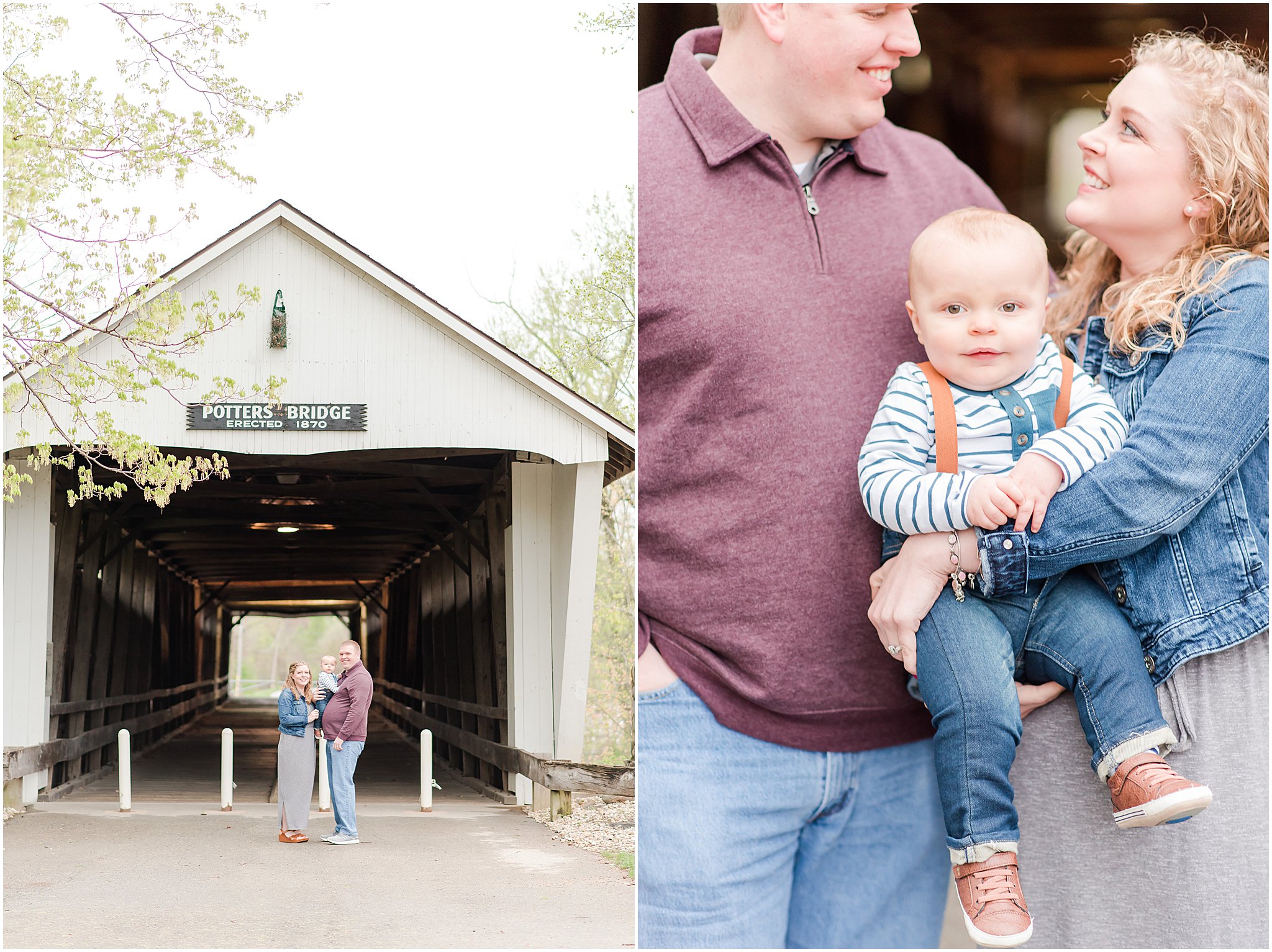 Mom, Dad and baby standing in front of covered bridge at Potter's Bridge Park