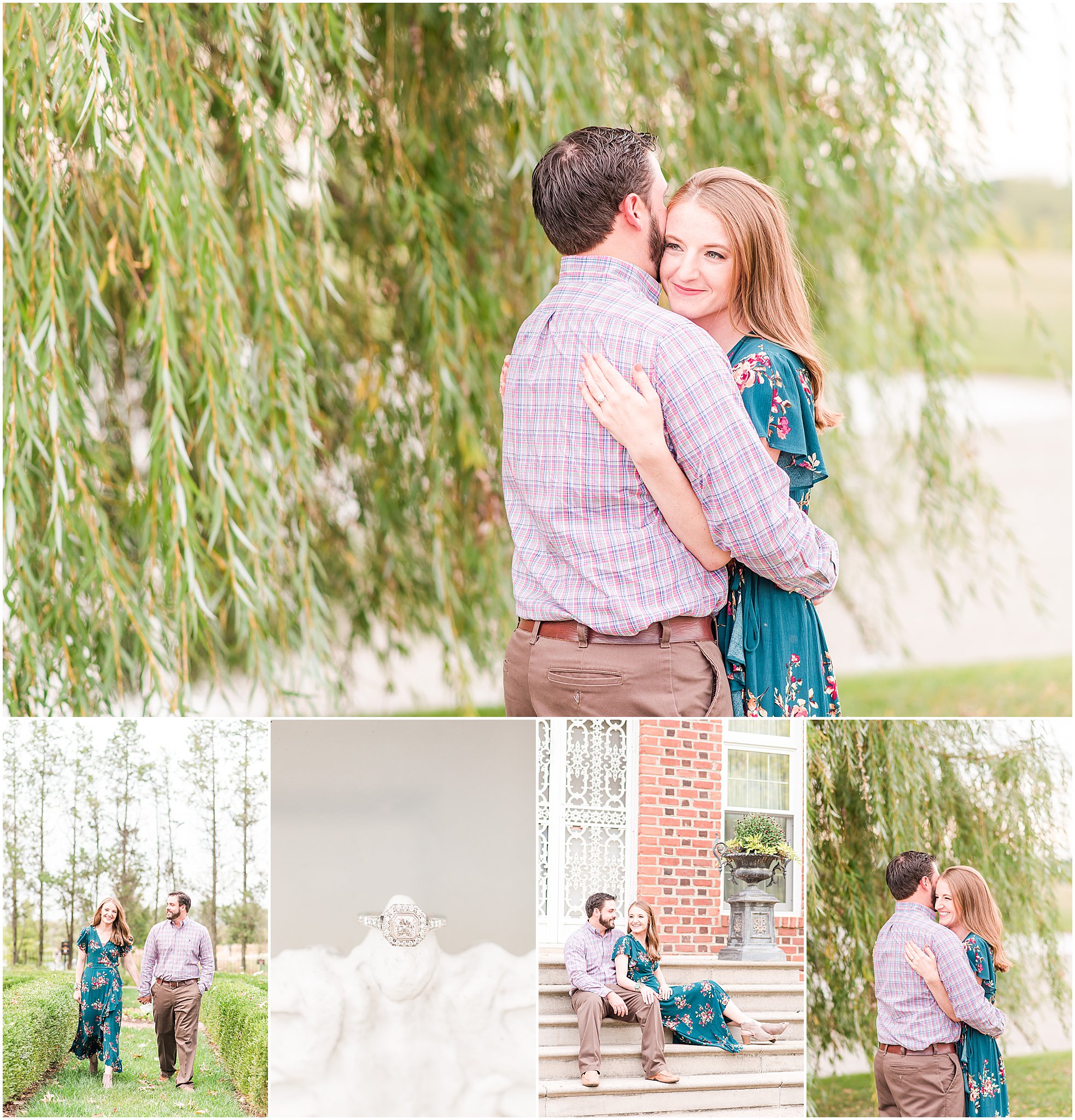 Bride and groom hugging during Coxhall Gardens engagement session