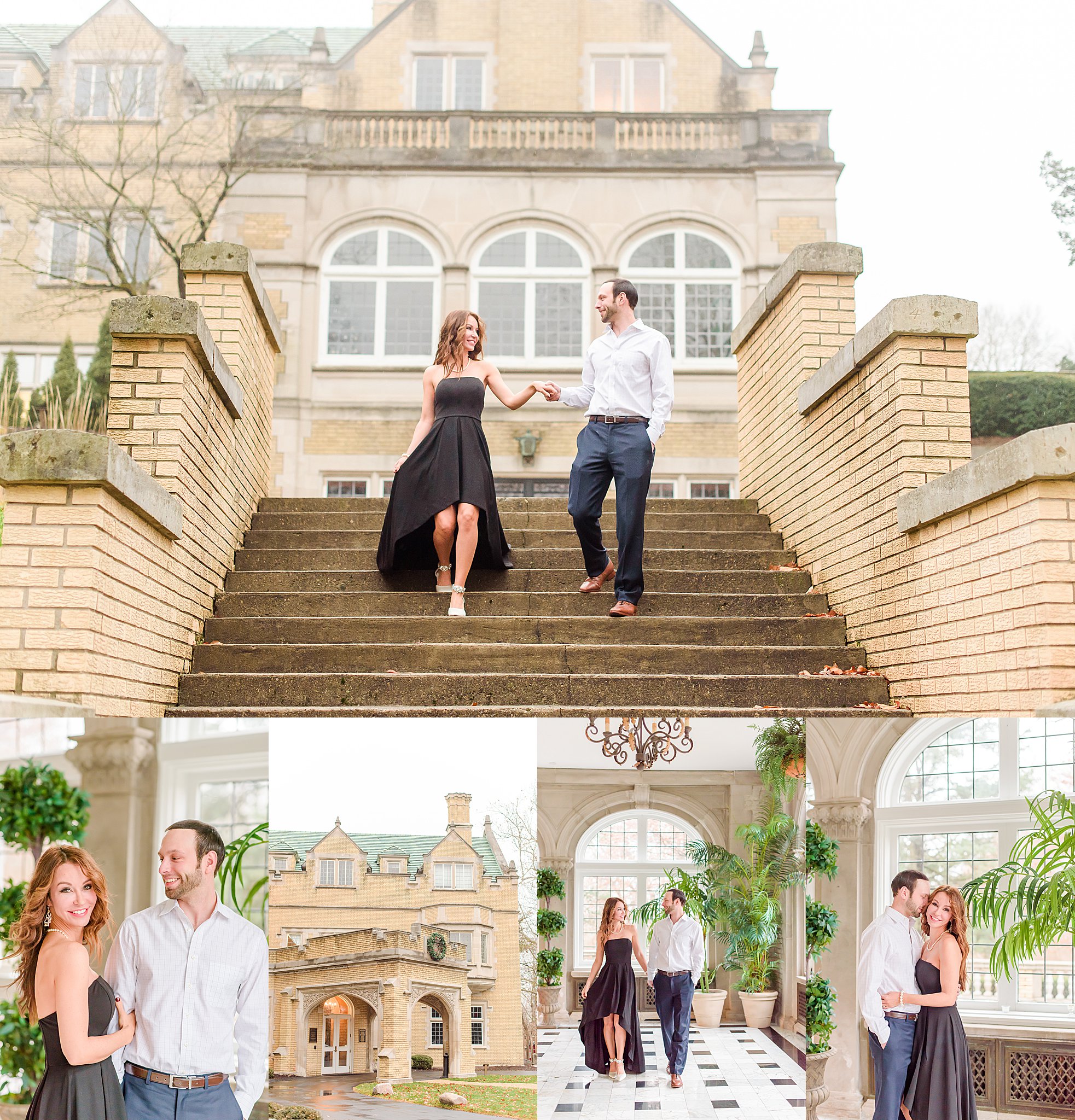 Couple walking down staircase during Laurel Hall Engagement Session