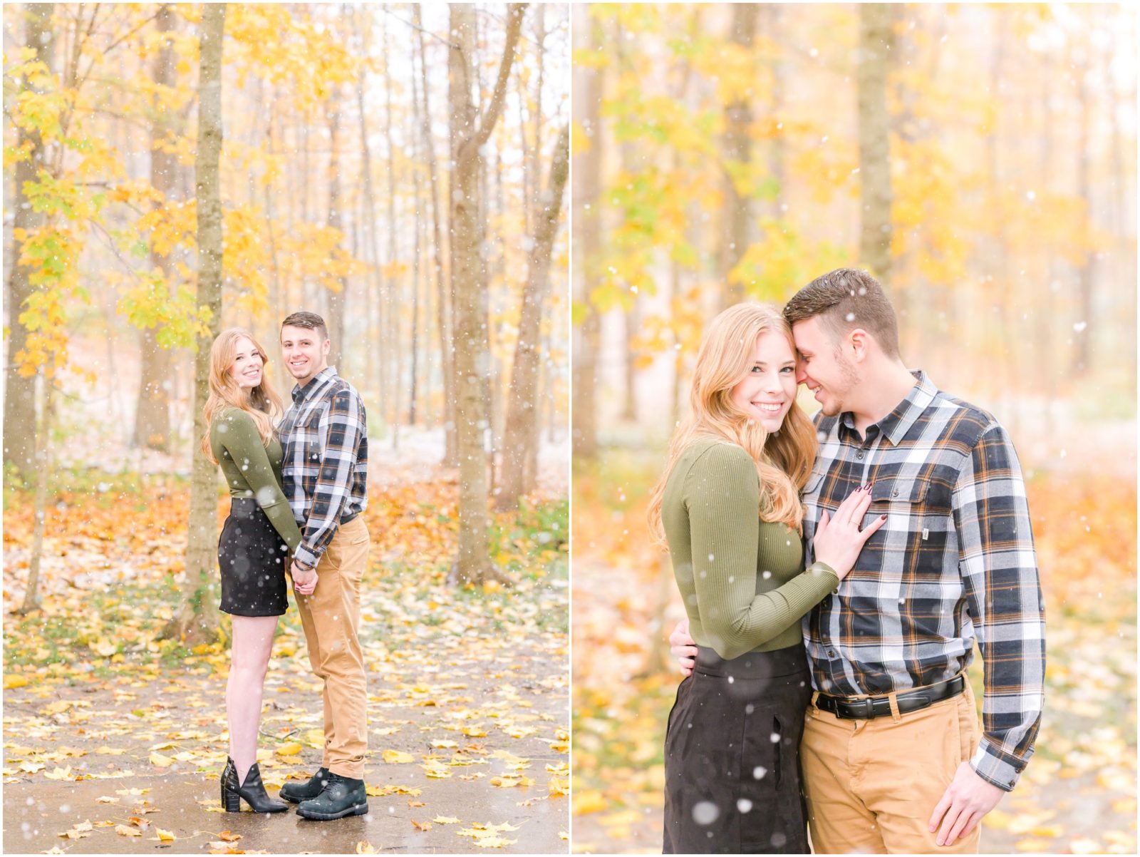 Couple smiling at camera Holcomb Gardens engagement session in the snow