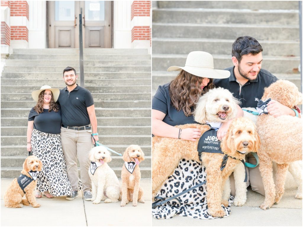Couple with dogs Downtown Franklin, Indiana engagement session