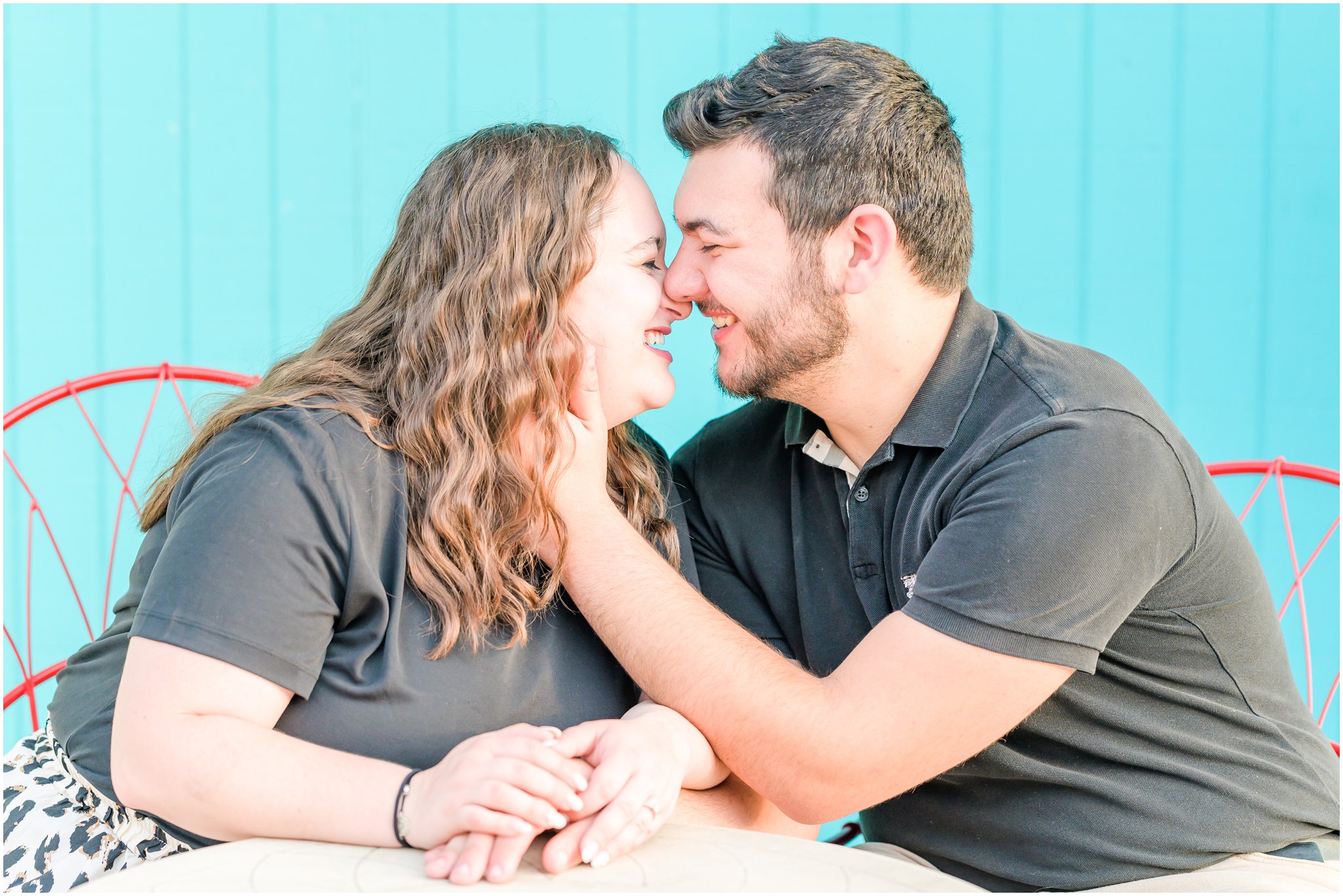 Couple laughing together Downtown Franklin, Indiana engagement session