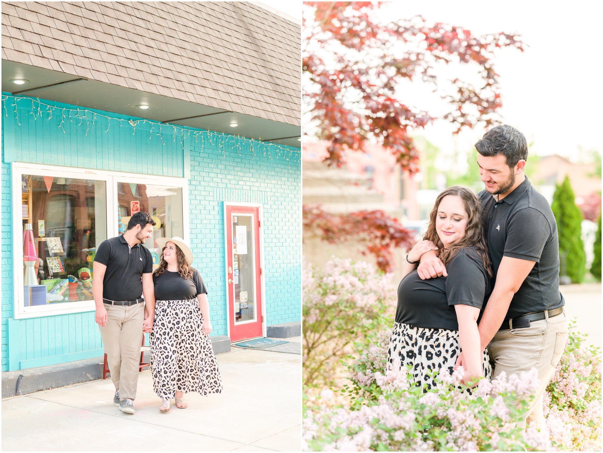 Couple walking and laughing Downtown Franklin, Indiana engagement session