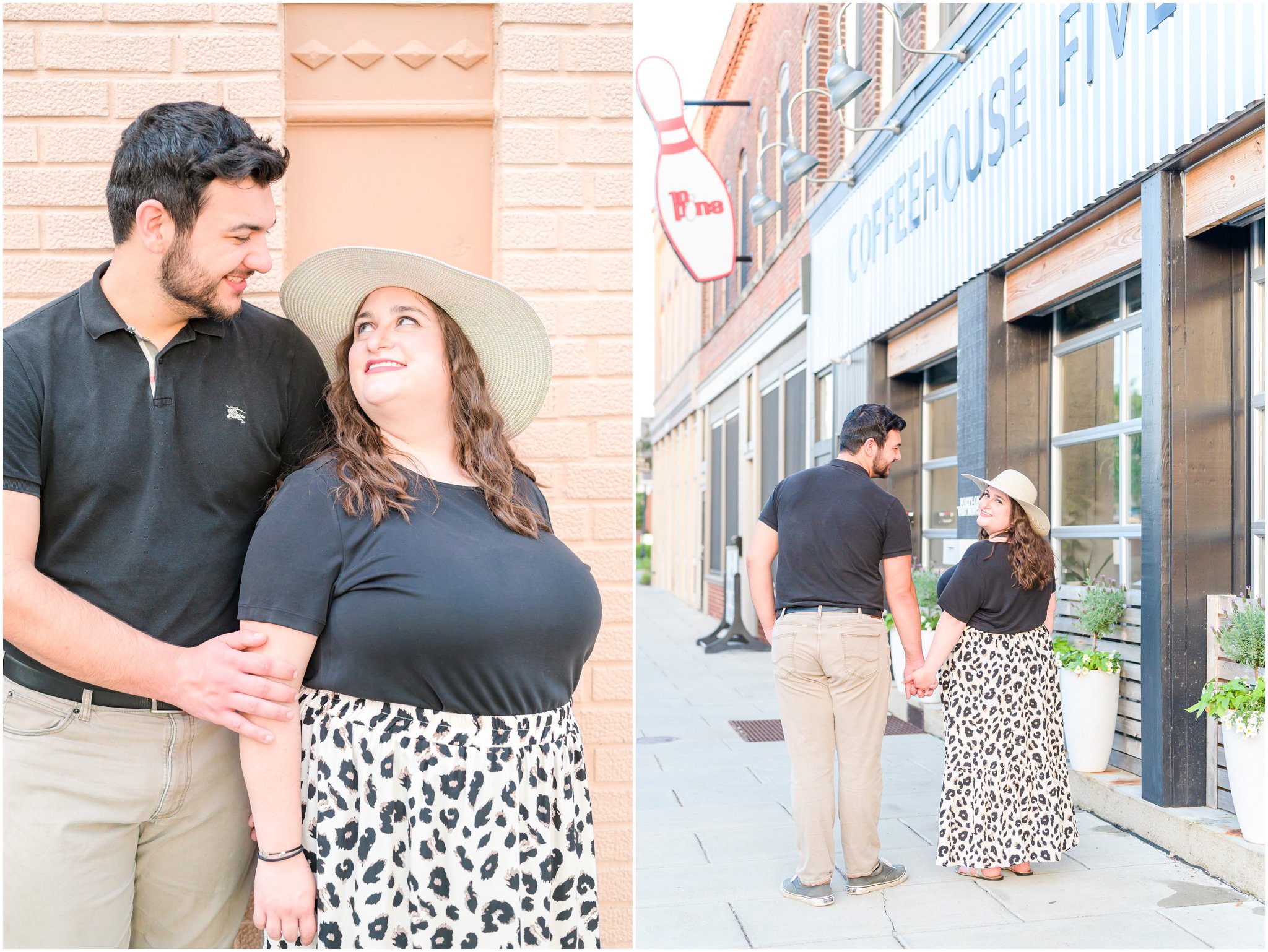 Couple cuddling Downtown Franklin, Indiana engagement session