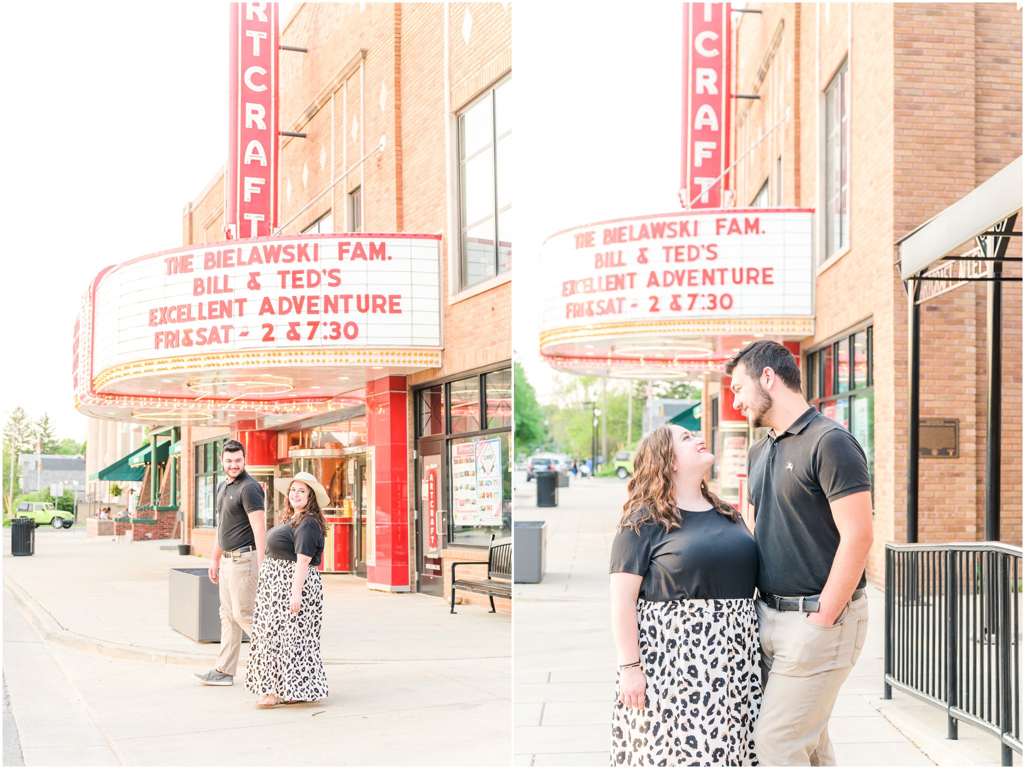 Couple smiling together Downtown Franklin, Indiana engagement session