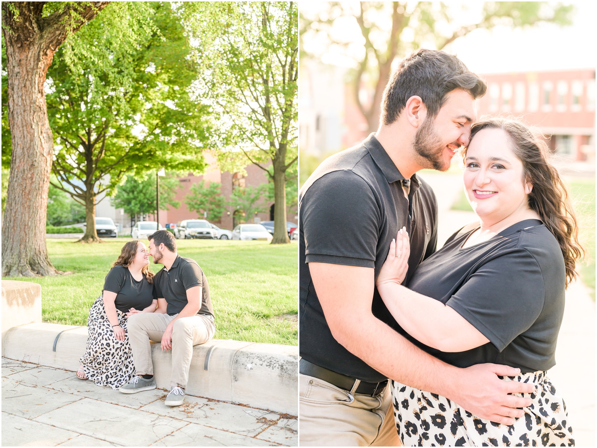 Couple nuzzling Downtown Franklin, Indiana engagement session