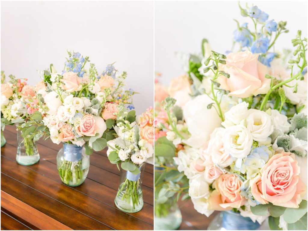 Dusty blue and blush bouquets Paoli Indiana Spring Wedding At Burton's Farmhouse