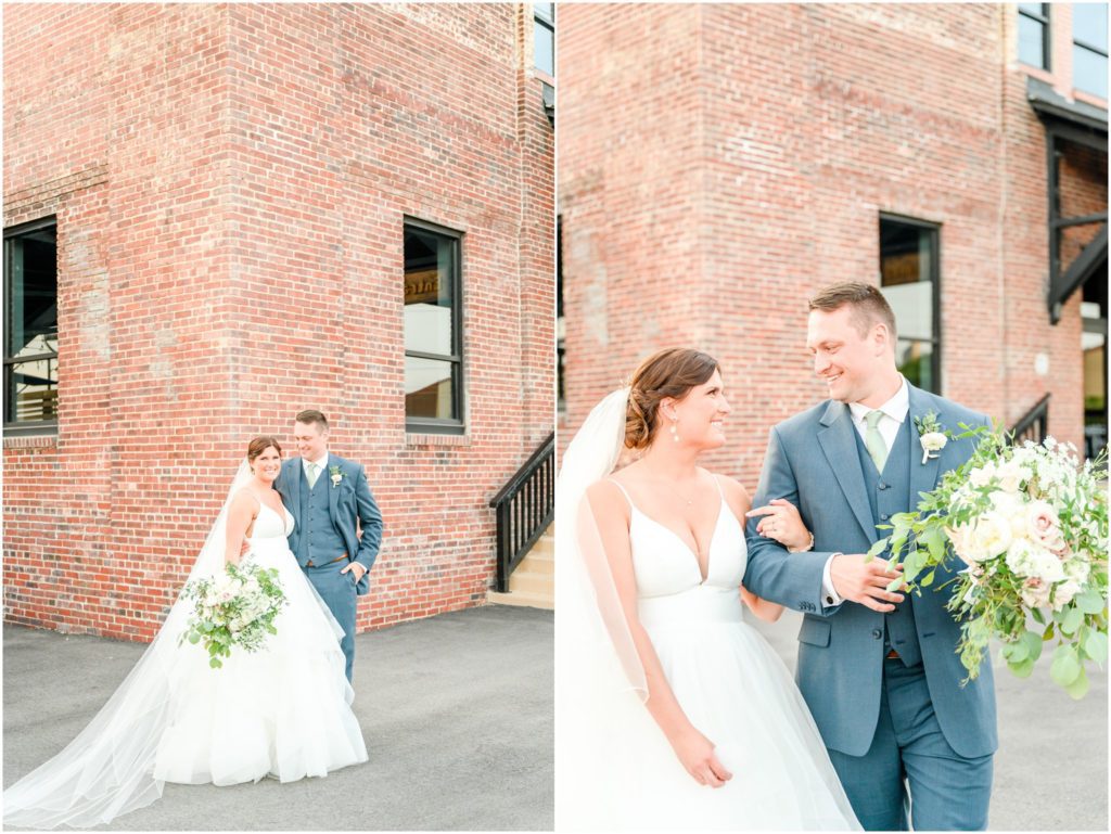 Bride and groom walking and laughing Biltwell Event Center wedding