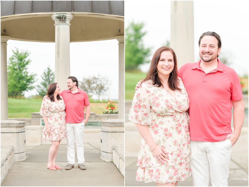 Couple smiling at camera Coxhall Gardens engagement session