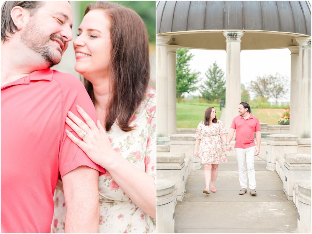 Couple walking and laughing Coxhall Gardens engagement session