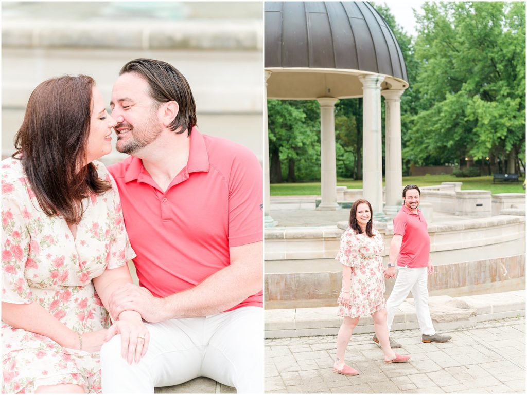 Couple walking and smiling Coxhall Gardens engagement session